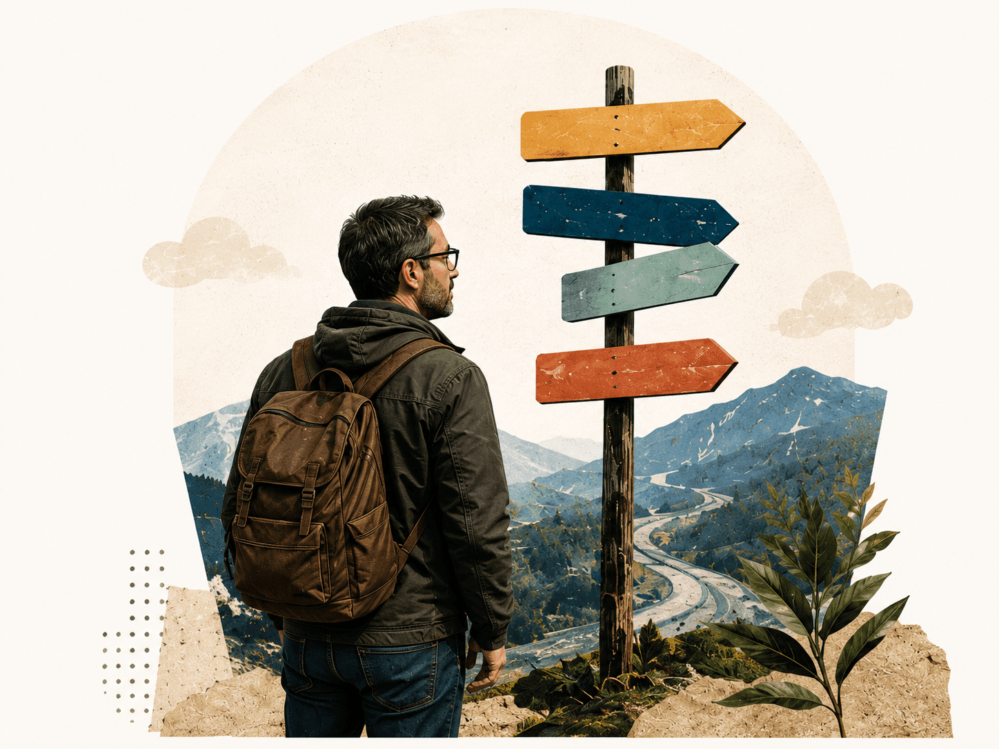 A person with a backpack looking at a signpost with four colorful directional signs, standing before a mountain landscape, representing the choice of a new career path.