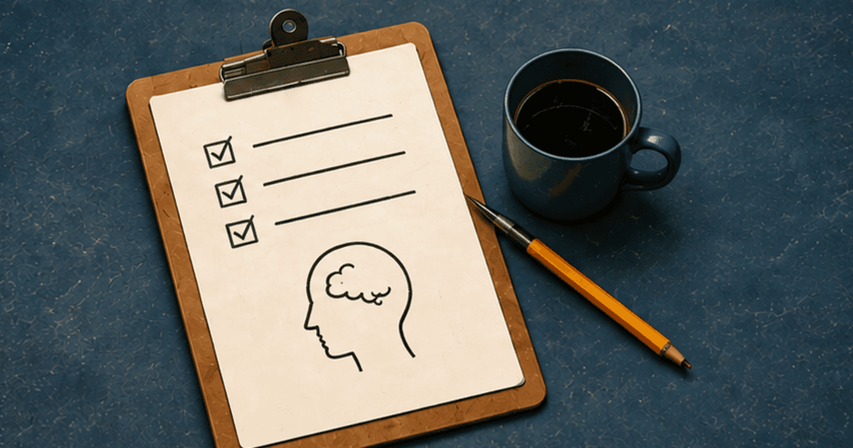 A clipboard with a checklist and a simple head-and-brain sketch beside a cup of coffee.