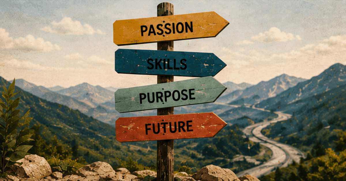 A signpost with arrows labeled Passion, Skills, Purpose and Future against a mountain backdrop.